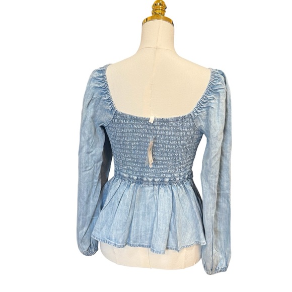 Aerie Chambray Peplum Top S Blue Button Front Long Sleeve NWT - Picture 3 of 7
